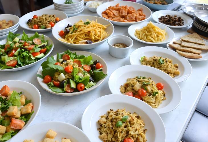 Gourmet Table Display of Salads, Pasta, and Treats